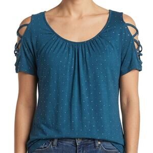Jennifer Lopez Blue Studded Sexy Criss Cross Cut Out Short Sleeve Top S NEW Tags